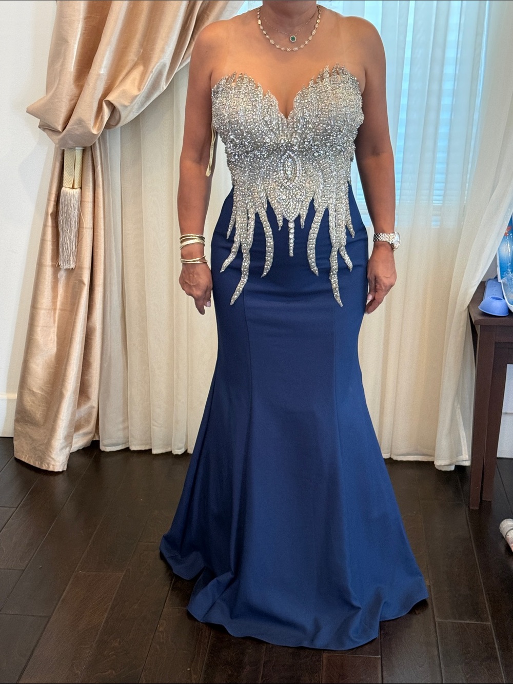 Tarik Ediz Navy Strapless Gown with Silver Crystal Bodice